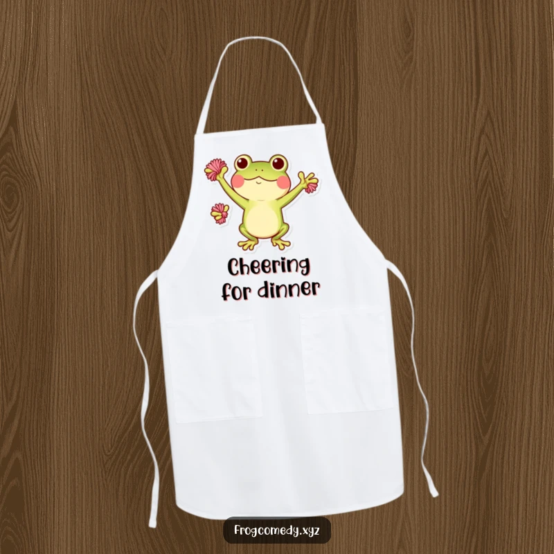 Funny Kawaii frog apron showing a cute frog cheering with pom-poms, a humorous and practical kitchen accessory.