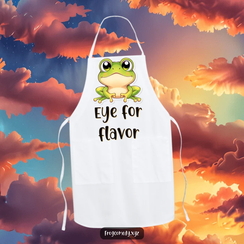 Funny kawaii frog apron showing a cute frog with enormous, sparkling eyes gazing upwards in adorable amazement, perfect for the kitchen.