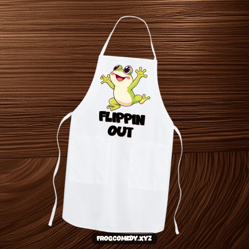 Funny apron showing a Kawaii stylized frog character joyfully leaping high into the air, perfect for adding energetic charm to kitchen activities.