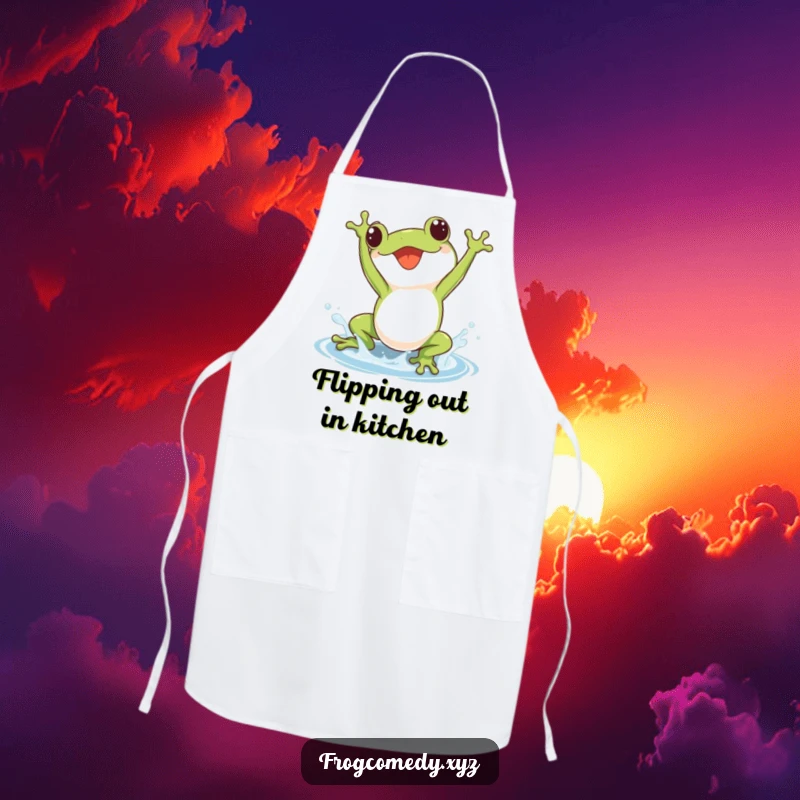 Cute kawaii frog doing a joyful somersault with a small splash, featured on a charming kitchen apron.