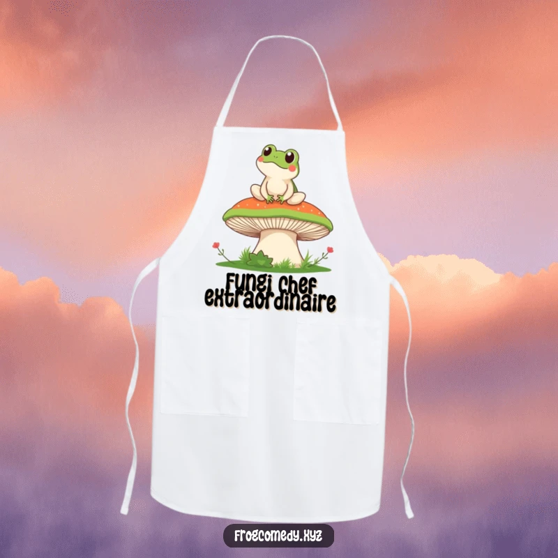 Funny apron with a kawaii frog artistically placed on a mushroom, gazing at a delightful view, blending kitchen practicality with humorous charm.