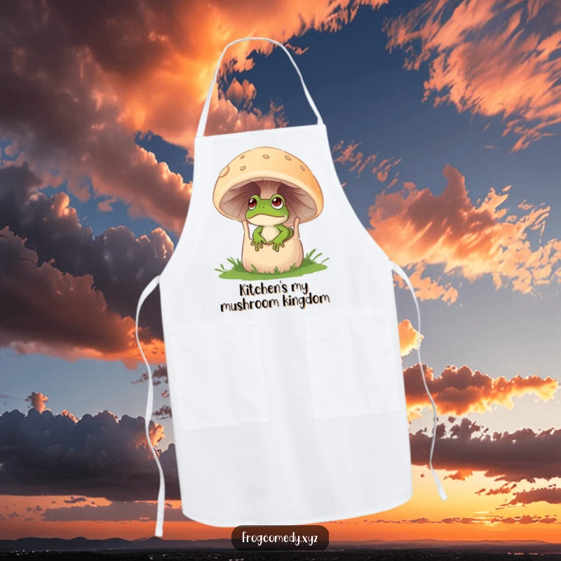 Funny kitchen apron showing a curious frog peeking from a large hollowed-out mushroom.