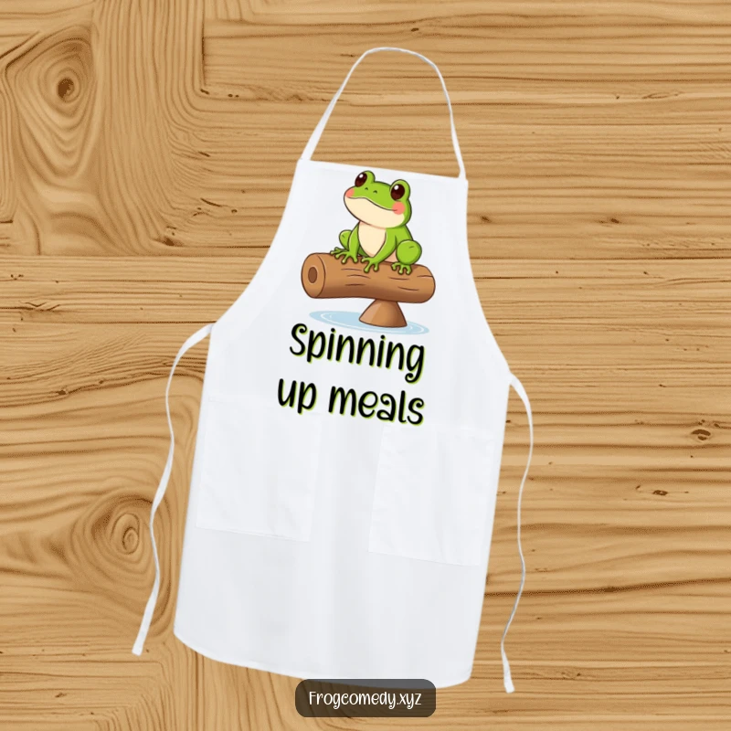 Funny apron showcasing a green frog balancing on a spinning log, perfect for a cheerful kitchen.
