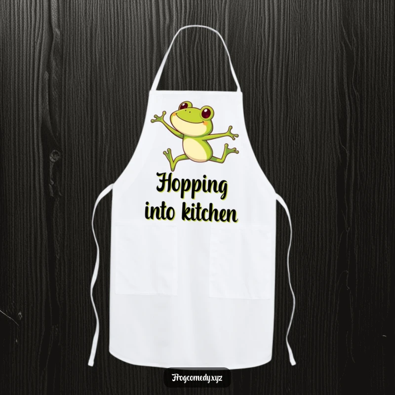 Funny frog apron, a smiling long-legged frog performing a high jump, perfect for a kitchen funny gift.