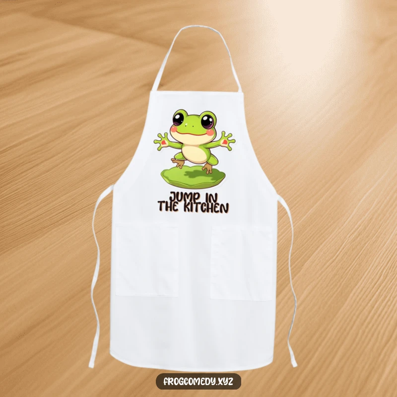 Funny Frog Apron: A cheerful frog character with big eyes, leaping exuberantly from a lily pad, perfect for chefs.