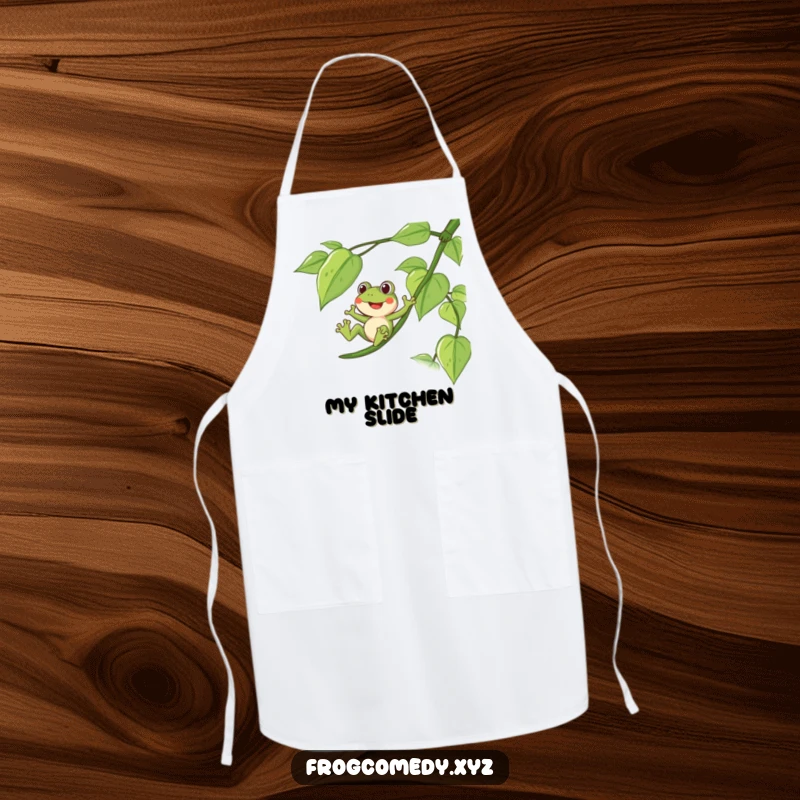 Funny apron with a delighted frog sliding down a long, leafy vine, ideal for kitchen adventures.