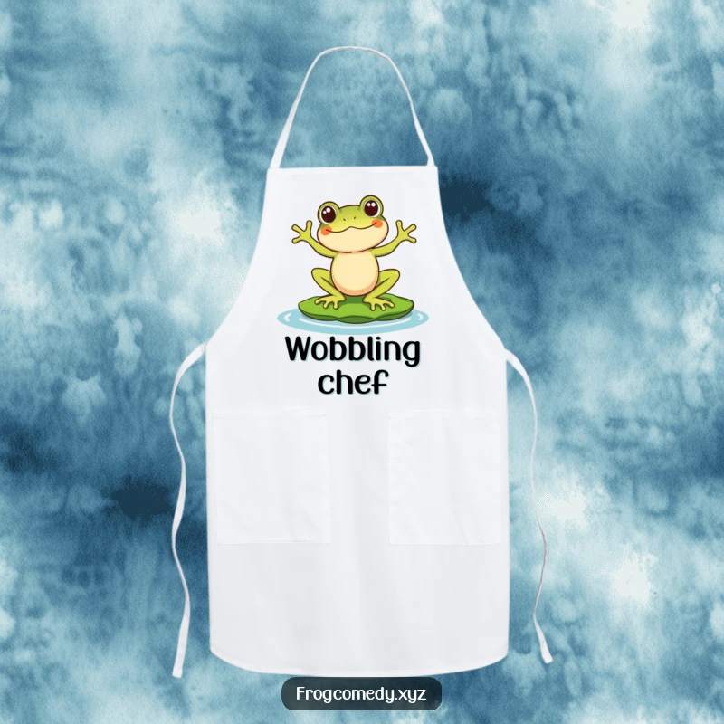 Funny apron showing a Kawaii stylized frog character comically balancing on a lily pad, perfect for adding playful charm to kitchen activities.