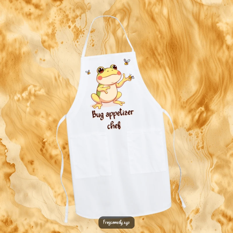 Funny kawaii frog apron depicting a happy chef frog juggling three tiny flies with concentration and a touch of culinary flare.