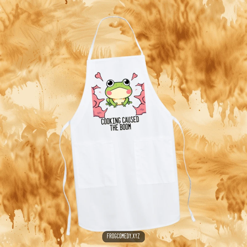 Funny Kawaii Frog Apron, a surprised frog with wide eyes and a boom, perfect for kitchen humor.