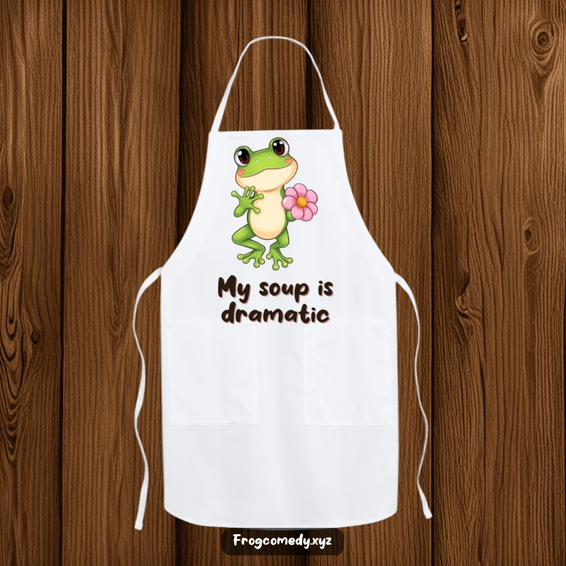 Funny Kawaii frog in a dramatic pose with a flower, cute cooking apron, anime kitchen art, gift.