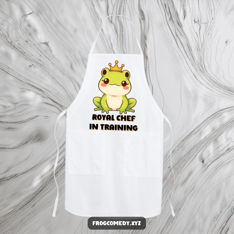 Funny Kawaii frog king wearing a tiny crown, looking majestic and ready to cook on a practical, funny apron.