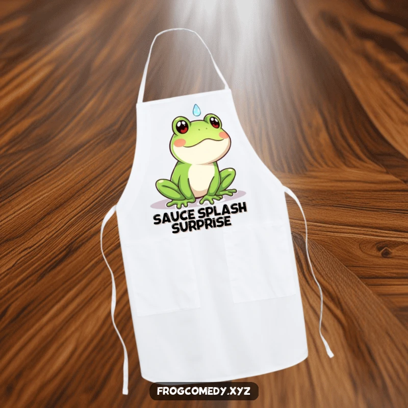 Funny Kawaii frog apron showing a cute frog surprised by a raindrop, a humorous and practical kitchen accessory.