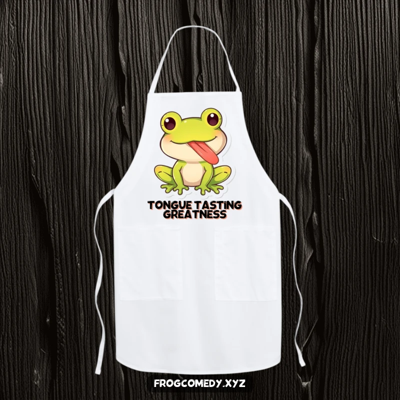 Funny kitchen apron featuring a kawaii frog character sticking out its long, sticky tongue playfully, adding humorous charm to cooking.