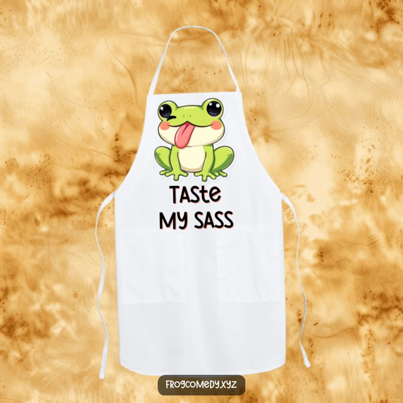 Funny Kawaii frog sticking its tongue out and winking playfully, on a kitchen apron, adding cheeky humor to cooking.