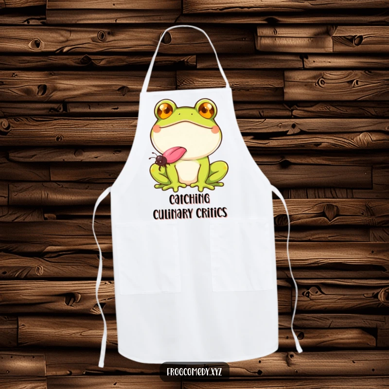 Funny frog with a wide smile, catching a fly with its tongue, on a kitchen apron, for humorous and practical use.