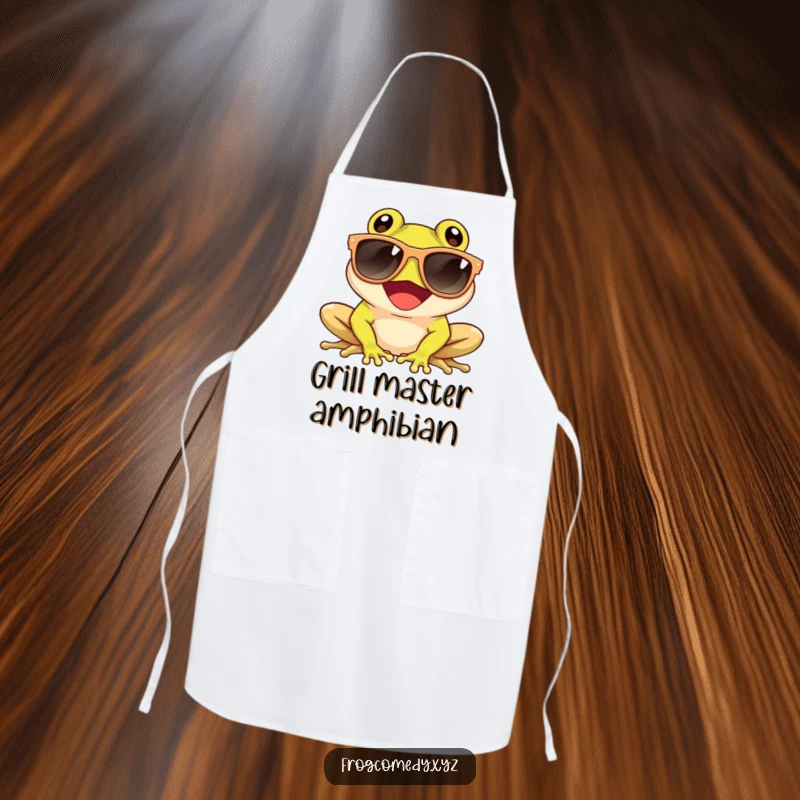 Funny apron with a giggling frog wearing oversized sunglasses and enjoying the sun, perfect for kitchen and cool humor.