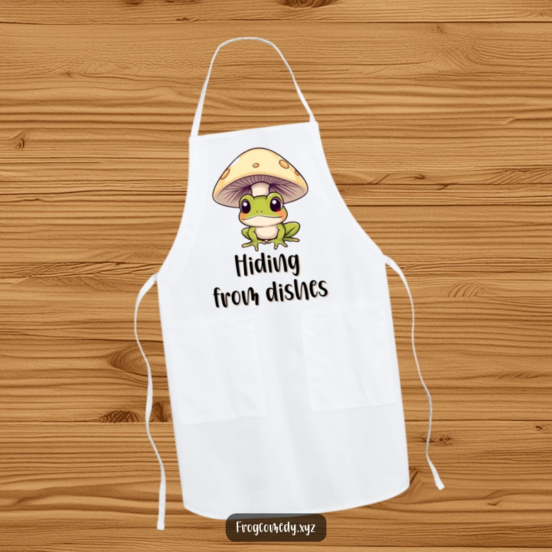 Funny frog curiously peeking from under a mushroom, on a kitchen apron, for humorous and practical use.