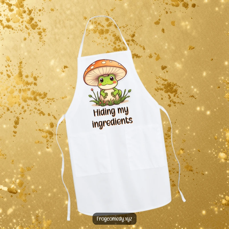 Funny Kawaii frog apron showing a cute frog peeking behind a mushroom, a humorous and practical kitchen accessory.