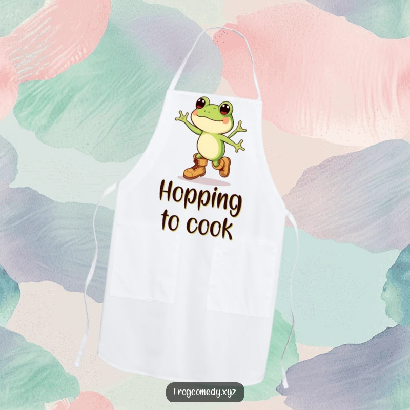 Funny Kawaii frog in giant boots, captured mid-leap while cooking, adds humor to this practical and charming apron.