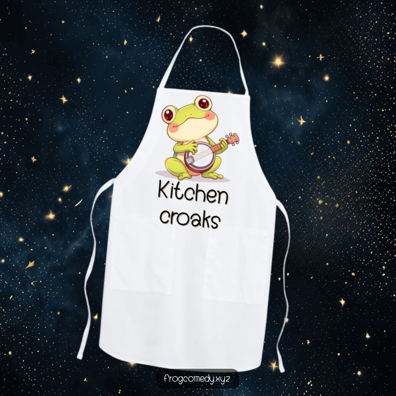 Funny kawaii frog banjo apron showing a cute amphibian playing a tiny banjo enthusiastically, bringing musical cheer to the kitchen.