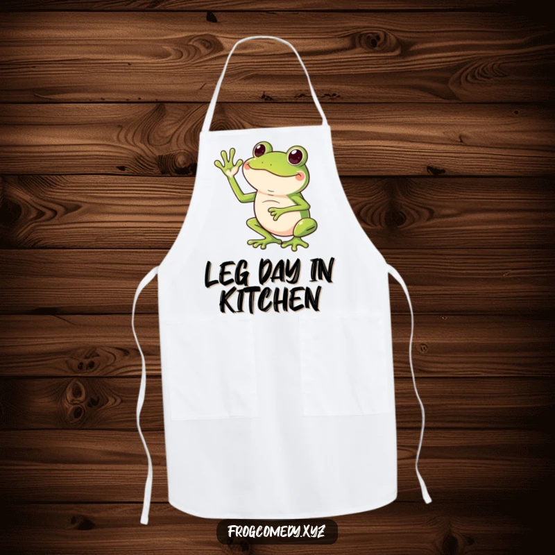 Funny apron featuring a frog humorously waving with its long legs in an exaggerated motion.