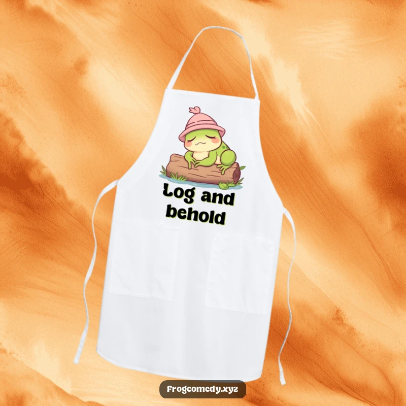 Funny apron showing a sleepy frog in a tiny hat, dozing while resting on a log.