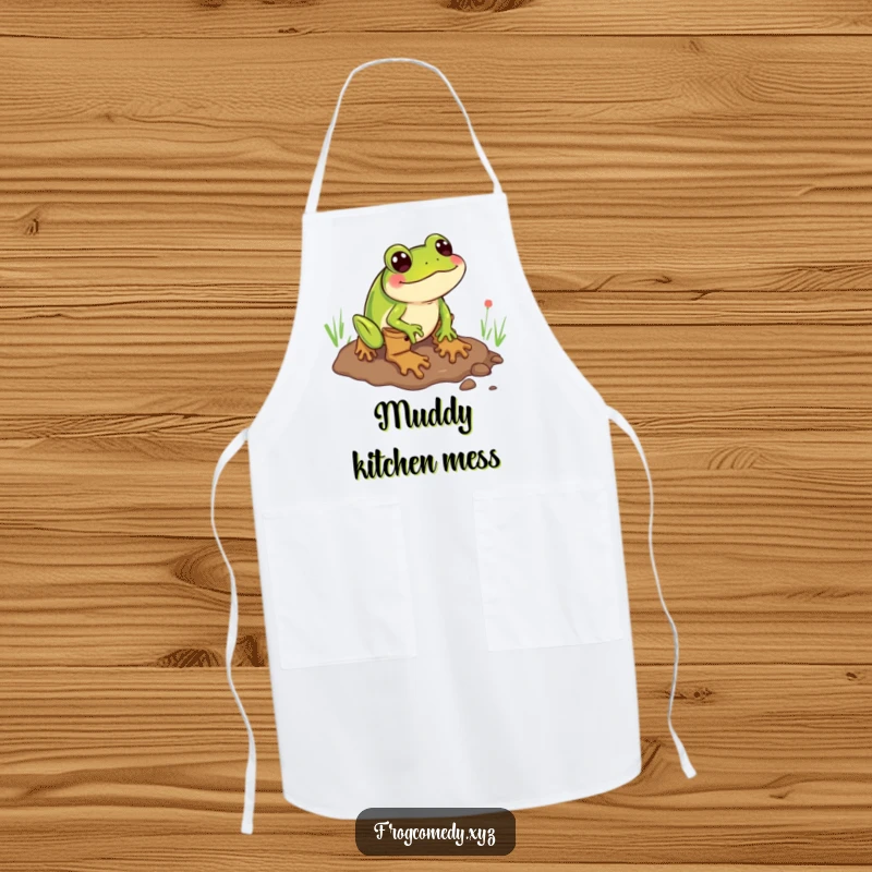 Funny apron showcasing a frog wearing boots comically sliding through mud, perfect for a cheerful kitchen.