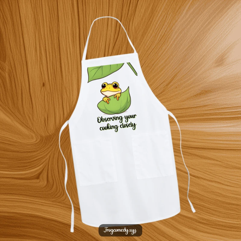 Funny curious frog apron, showing an amphibian peeking from behind a leaf, ideal for kitchen fun and protecting clothes with a humorous touch.