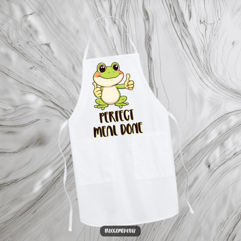 Funny apron with a happy frog giving a big thumbs up, ideal for adding humor and positivity to cooking.