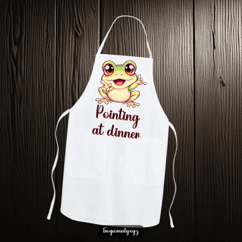 Funny apron with an excited frog, bulging eyes, and a pointing finger, great for adding humor to cooking.