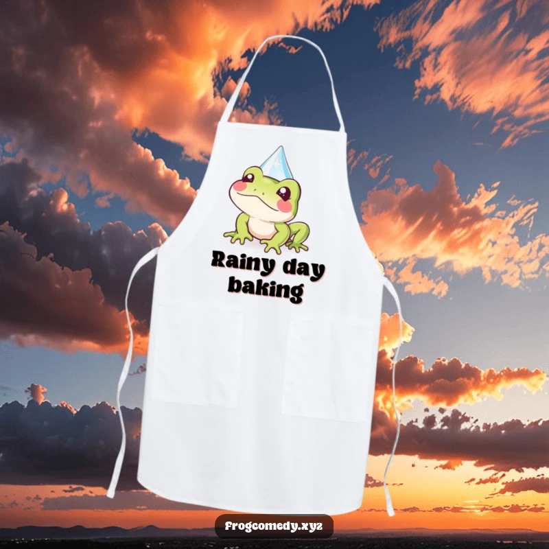 Funny Kawaii frog apron showing a cute frog peeking from behind a sparkly raindrop, perfect for a cook who enjoys cuteness.