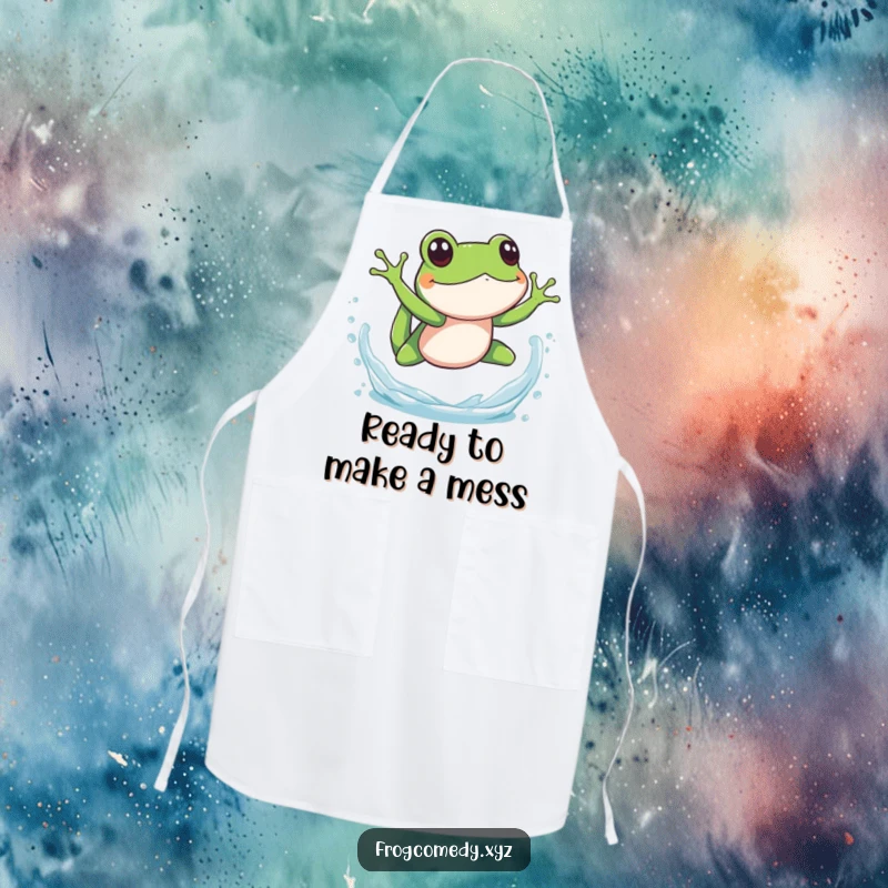 Funny splashy frog dive apron, showing an amphibian mid-splash, perfect for kitchen duties with a playful and aquatic humor touch.