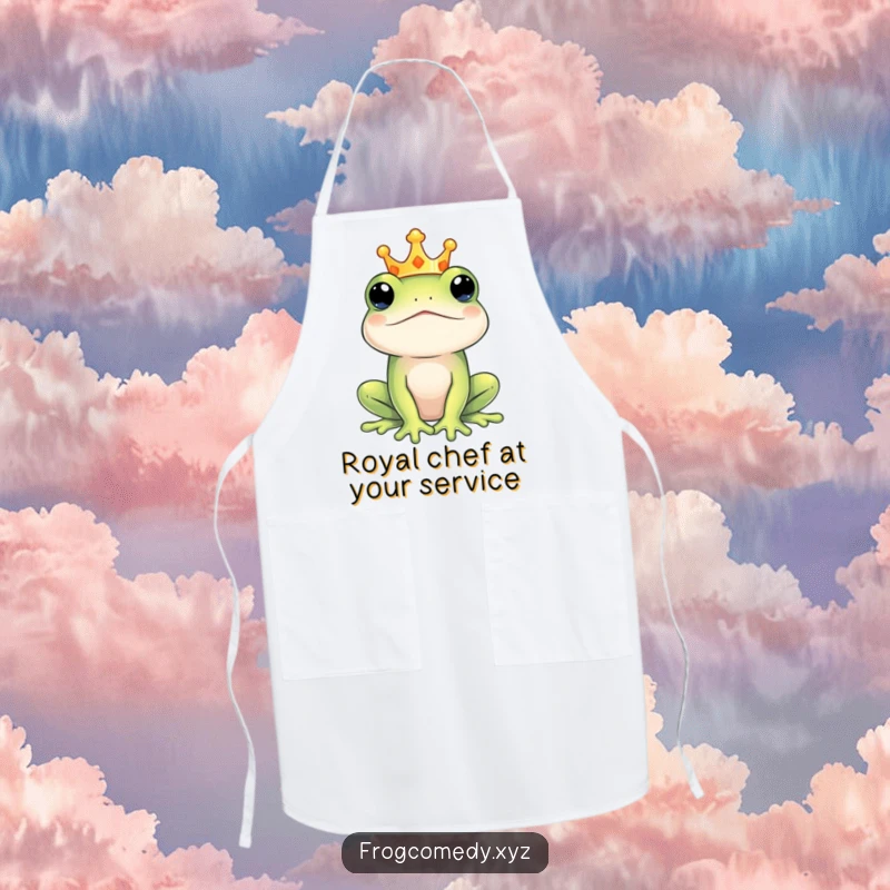 Funny regal frog king apron, showing a crowned amphibian, perfect for kitchen duties with a touch of royal humor and authority.