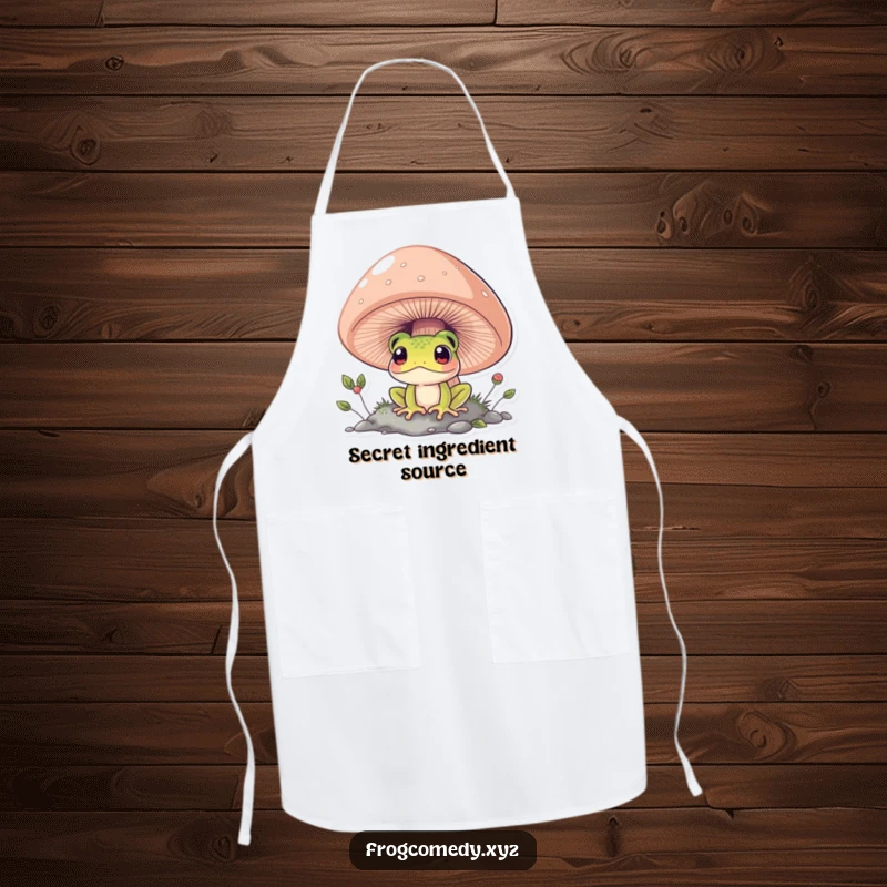 Funny frog peeking from under a large mushroom, cute kitchen apron, cooking accessory, humorous gift for bakers and chefs.