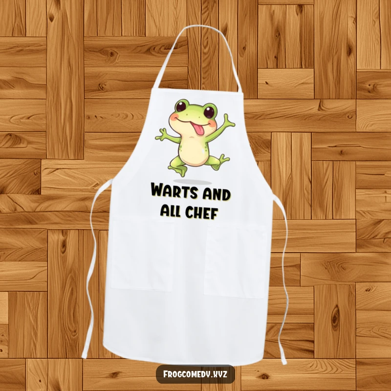 Funny apron with a happy frog doing a surprise leap with its tongue out, perfect for kitchen humor and culinary fun.