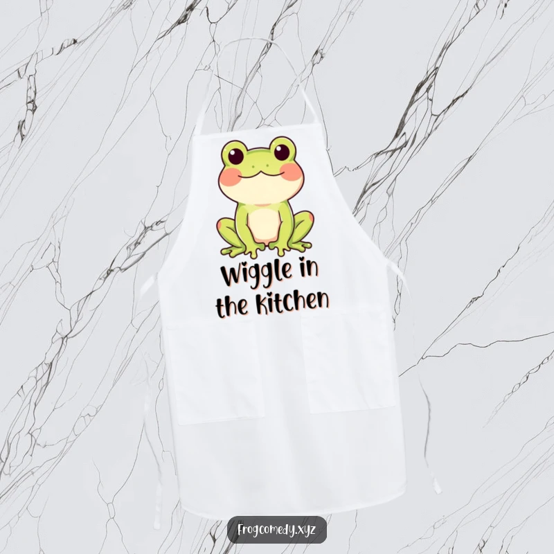 Funny apron with a rosy-cheeked frog doing a happy wiggle, ideal for joyful cooks.