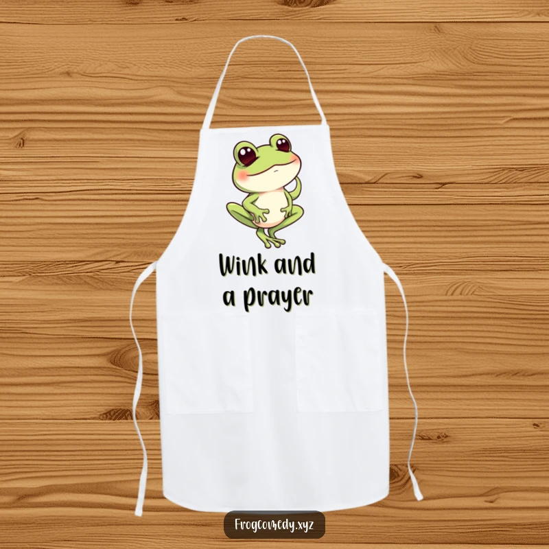 Funny frog character balancing on one toe with a mischievous wink, printed on a functional kitchen apron.