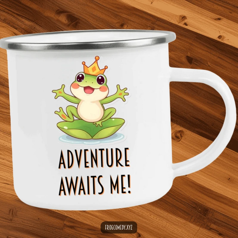 Funny kawaii frog camping mug, showing a crowned frog leaping joyfully from a lily pad, durable and cheerful for outdoors.