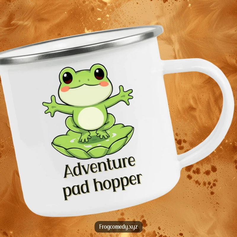 Funny frog camping mug, a happy frog jumping onto a lily pad, durable and humorous outdoor cup.