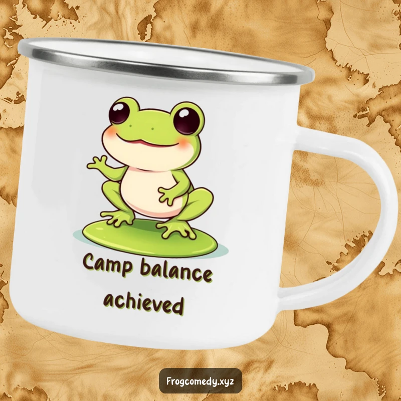 Funny Kawaii frog wobbling with laughter on a lily pad, on a durable camping mug, perfect for enjoying drinks outdoors with hilarious humor.