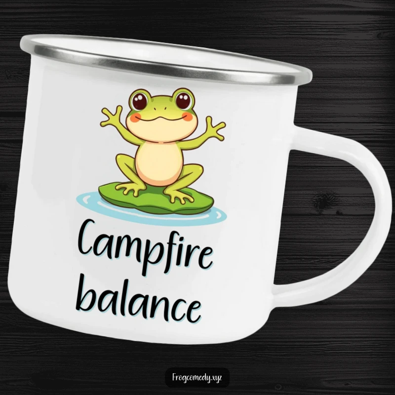 Funny camping mug featuring a Kawaii stylized frog character comically balancing on a lily pad, designed for outdoor lovers who appreciate cute and humorous art.