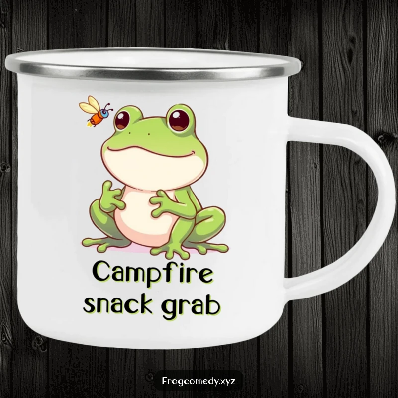 Funny frog camping mug, a grinning frog catching a fly, durable and humorous outdoor cup.