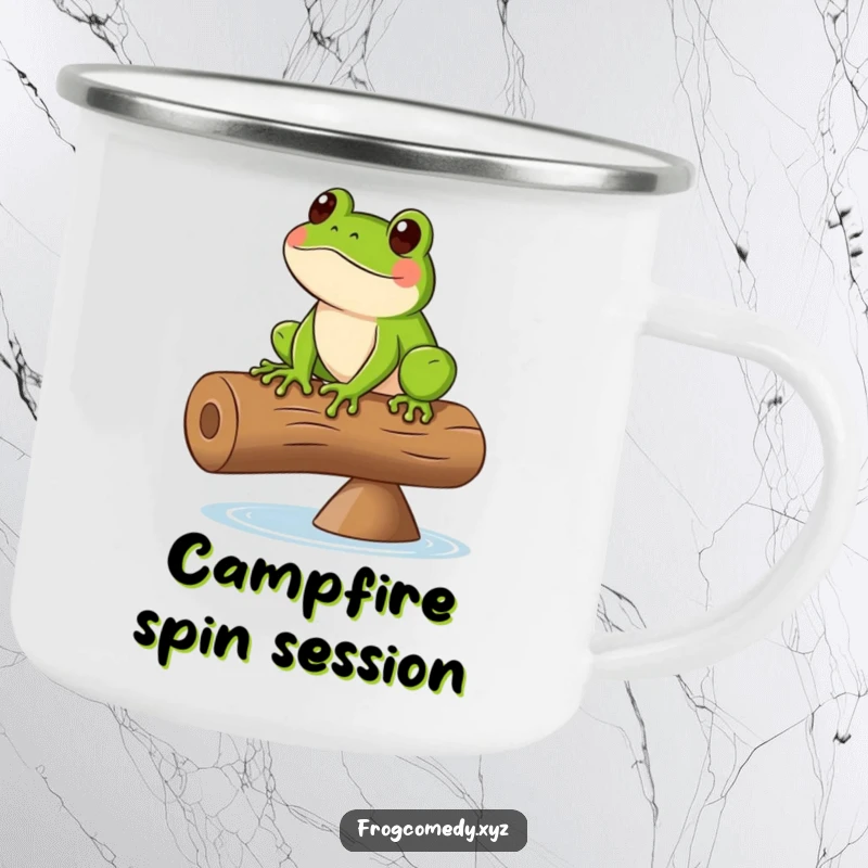 Funny camping mug showing a green frog balancing on a spinning log, ideal for cheerful outdoor trips.