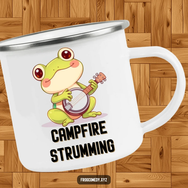 Funny kawaii frog banjo camping mug featuring a durable design and a cute amphibian enthusiastically playing a tiny banjo, ready for adventure.