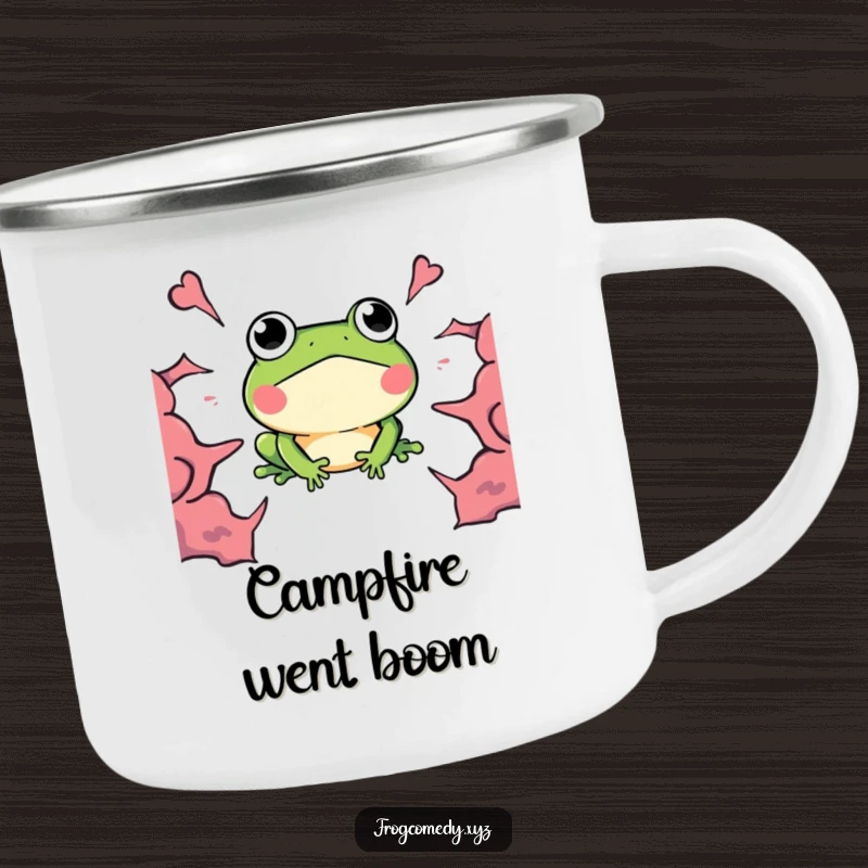 Funny Kawaii Frog Camping Mug, a surprised frog with wide eyes and a boom, humorous outdoor gear.