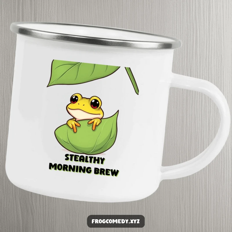 Funny curious frog camping mug, showing an amphibian peeking from behind a leaf, built for adventure and adding humor to outdoor drinks.