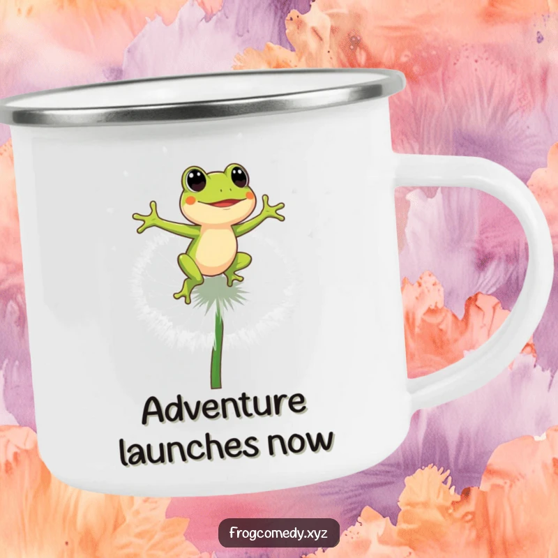 Funny energetic frog bouncing on a large dandelion puff, enamel camping mug, outdoor adventure accessory, humorous gift for campers.