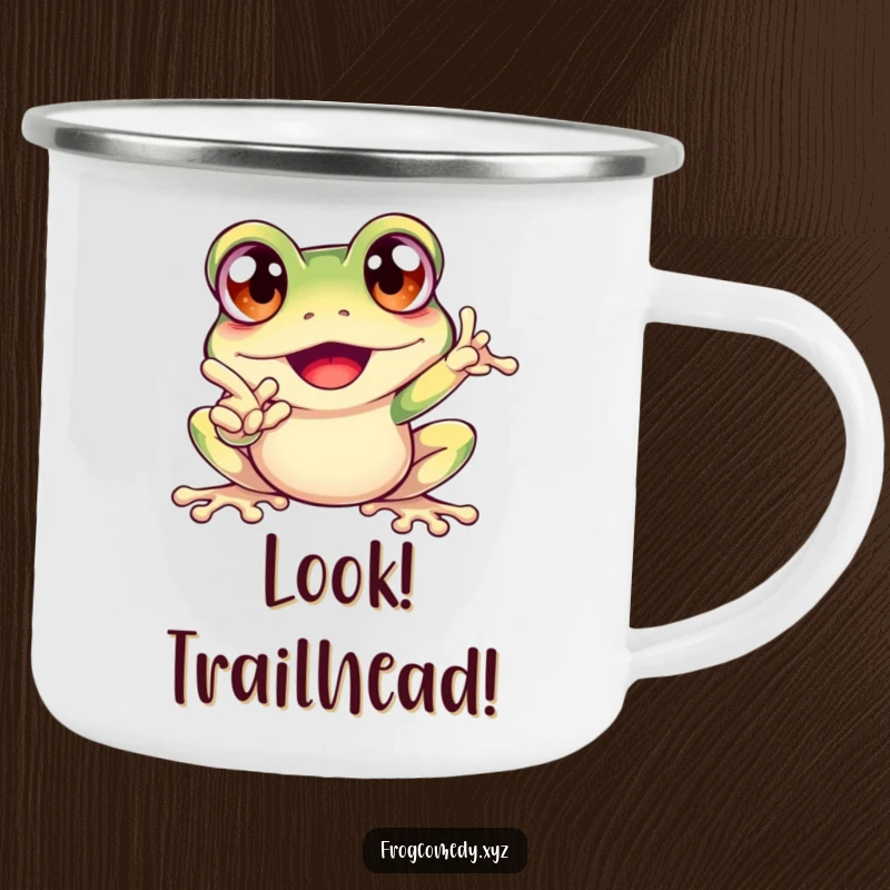 Funny camping mug featuring an excited frog with bulging eyes, pointing, ideal for outdoor enthusiasts who love humor.