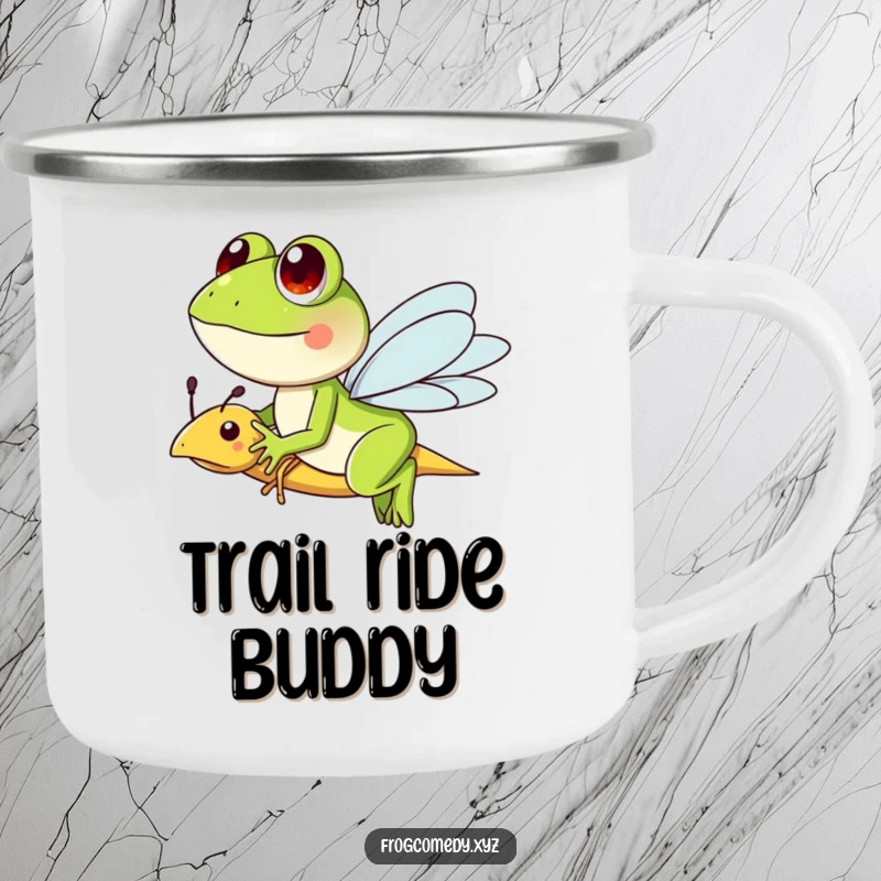 Funny camping mug featuring a frog character riding a friendly dragonfly, ideal for outdoor enthusiasts who love fantasy.