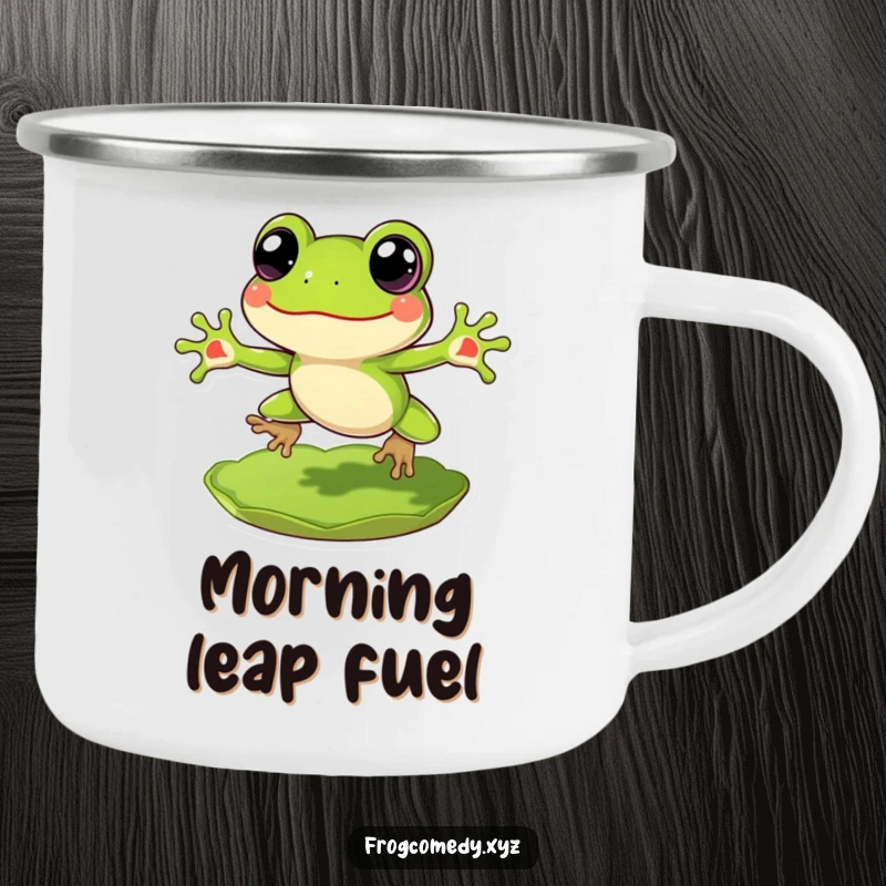 Funny Frog Camping Mug: A cheerful frog leaping from a lily pad, designed for fun outdoor enjoyment.